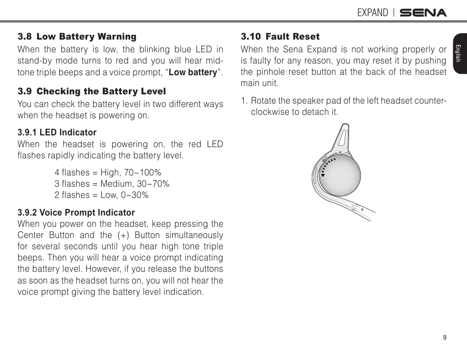 8 low battery warning, 9 checking the battery level, 10 fault reset | Sena Bluetooth EXPAND v1.0 User's Guide User Manual | Page 9 / 42