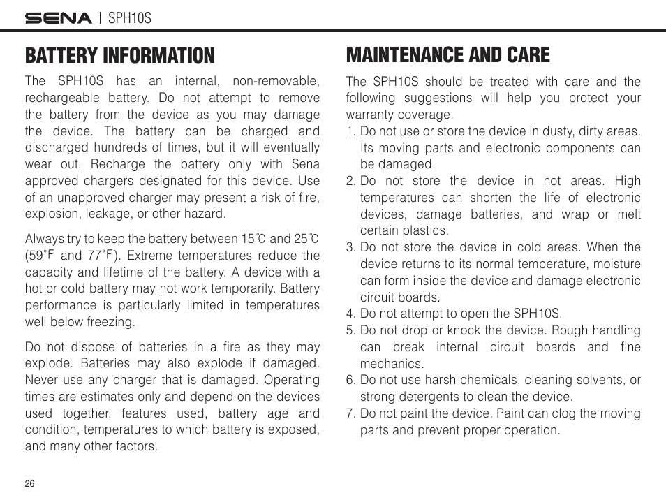 Battery information, Maintenance and care | Sena Bluetooth SPH10S v4.1 User's Guide User Manual | Page 27 / 35
