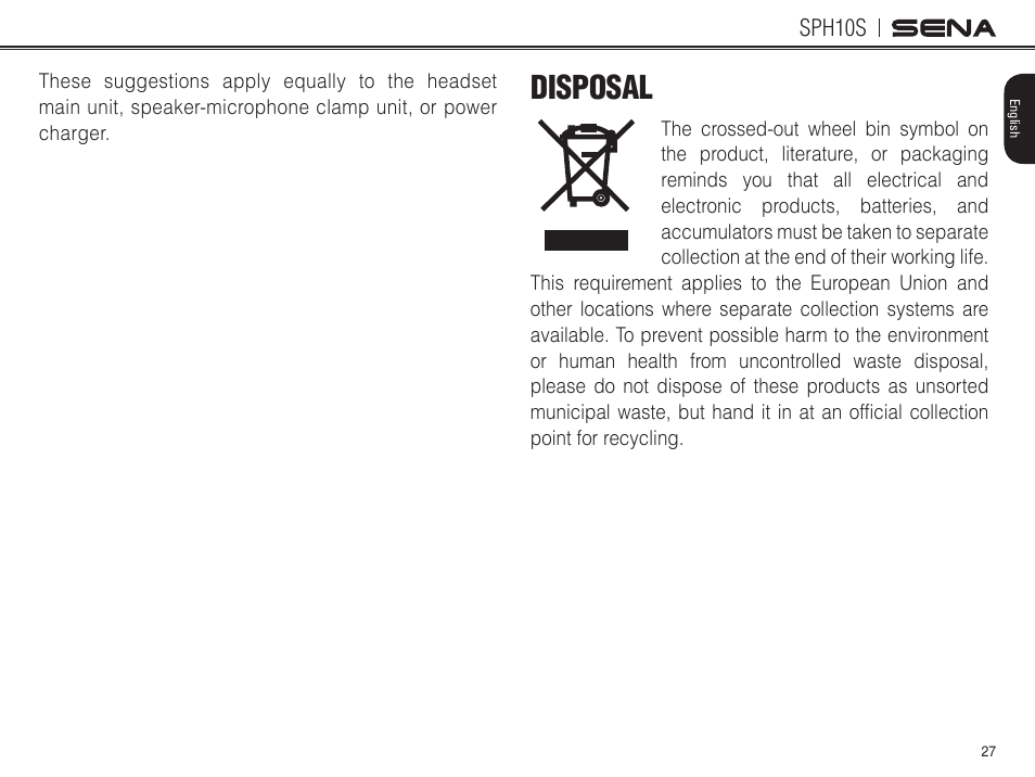 Maintenance and care, Disposal | Sena Bluetooth SPH10S v4.1 User's Guide User Manual | Page 28 / 35