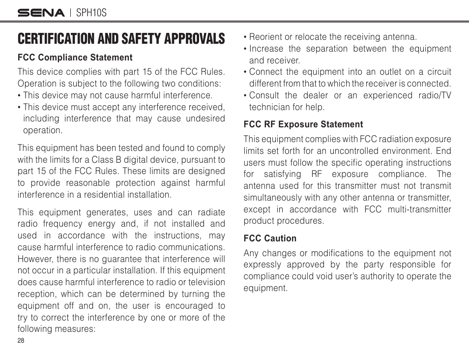 Certification and safety approvals | Sena Bluetooth SPH10S v4.1 User's Guide User Manual | Page 29 / 35