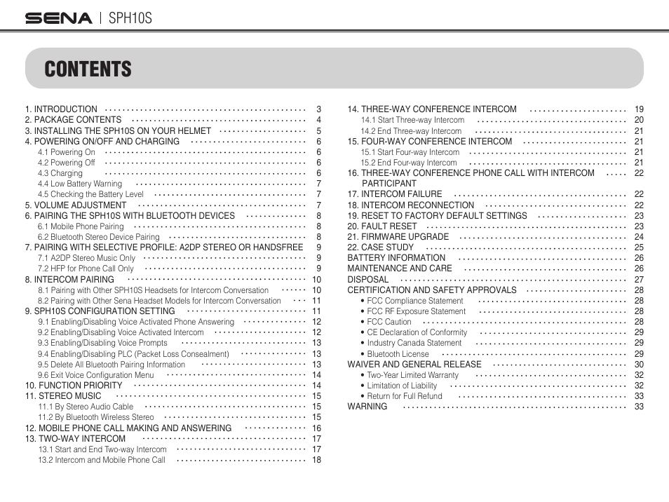 Sena Bluetooth SPH10S v4.1 User's Guide User Manual | Page 3 / 35