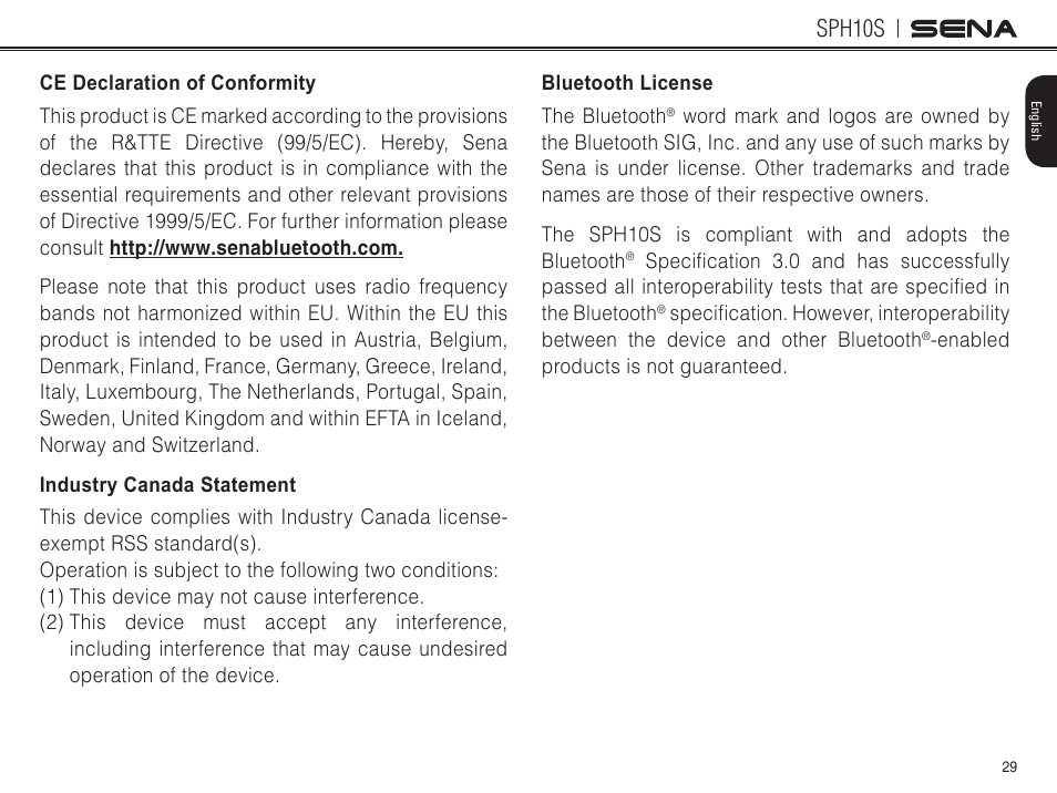 Sph10s | Sena Bluetooth SPH10S v4.1 User's Guide User Manual | Page 30 / 35