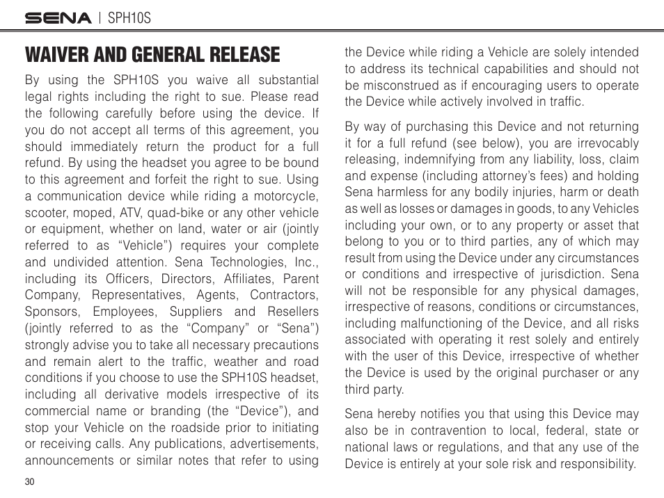 Waiver and general release | Sena Bluetooth SPH10S v4.1 User's Guide User Manual | Page 31 / 35