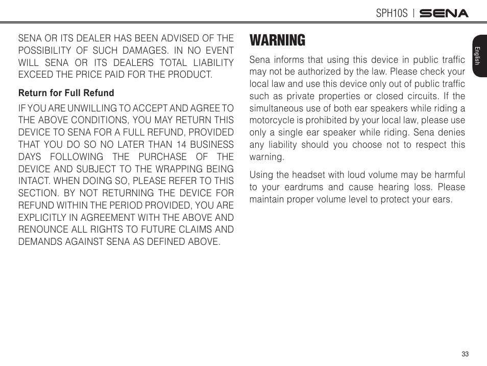 Warning | Sena Bluetooth SPH10S v4.1 User's Guide User Manual | Page 34 / 35