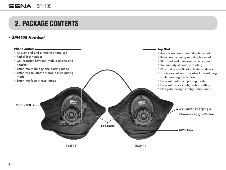 Package contents, Sph10s | Sena Bluetooth SPH10S v4.1 User's Guide User Manual | Page 5 / 35