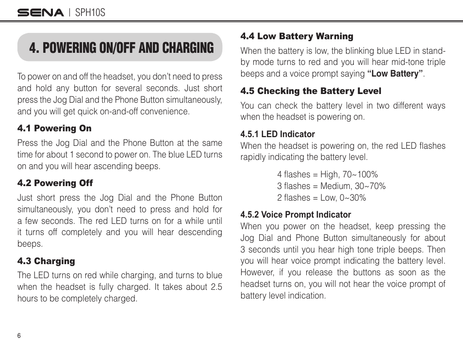 Powering on/off and charging | Sena Bluetooth SPH10S v4.1 User's Guide User Manual | Page 7 / 35