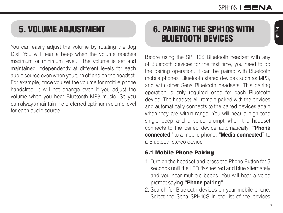 Volume adjustment, Pairing the sph10s with bluetooth devices | Sena Bluetooth SPH10S v4.1 User's Guide User Manual | Page 8 / 35