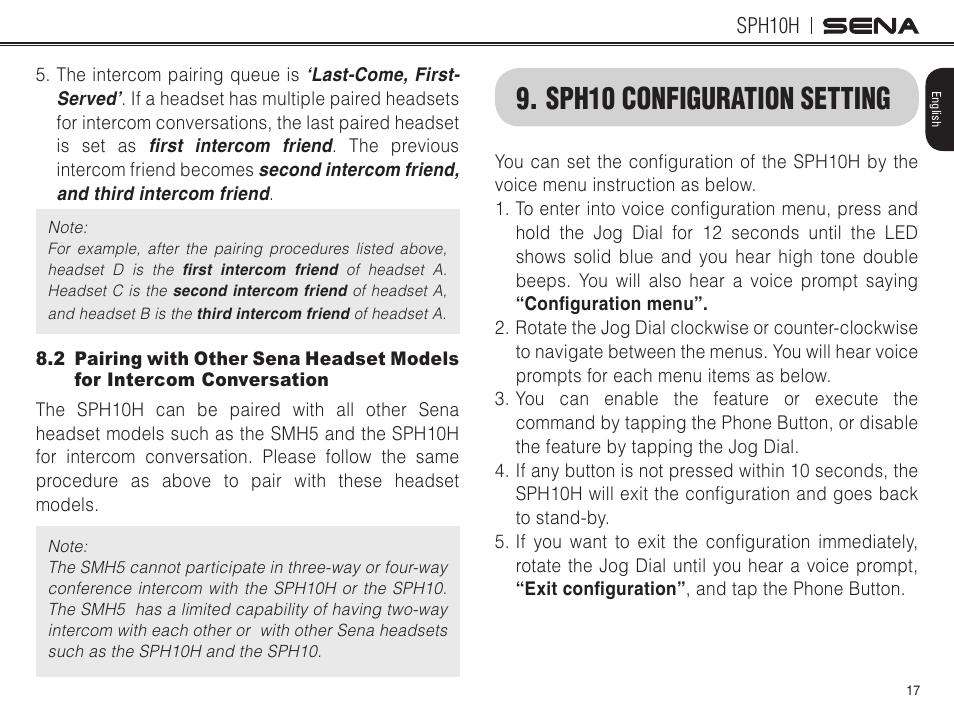 Sph10 configuration setting | Sena Bluetooth SPH10H v4.2 User's Guide User Manual | Page 16 / 43