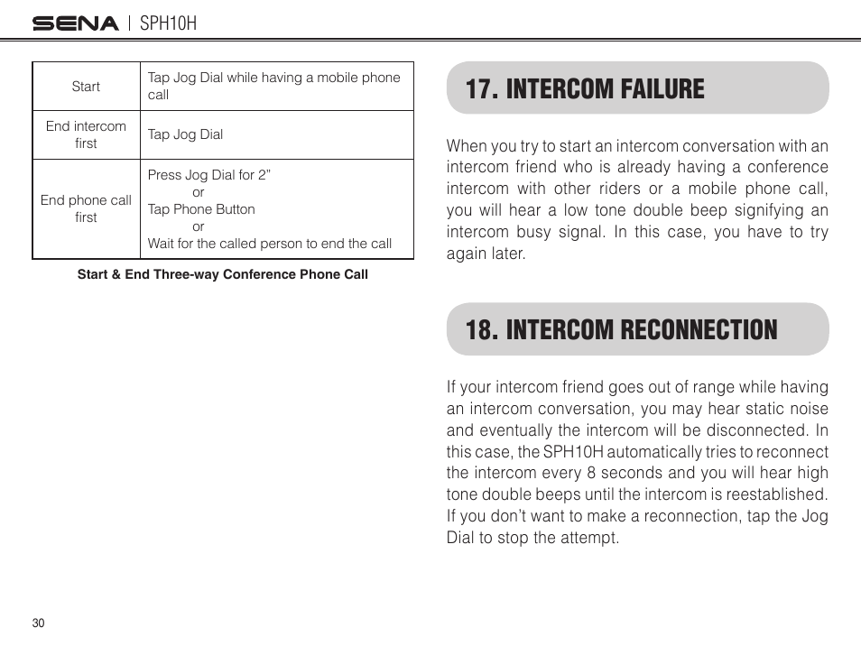 Intercom failure, Intercom reconnection, Sph10h | Sena Bluetooth SPH10H v4.2 User's Guide User Manual | Page 29 / 43