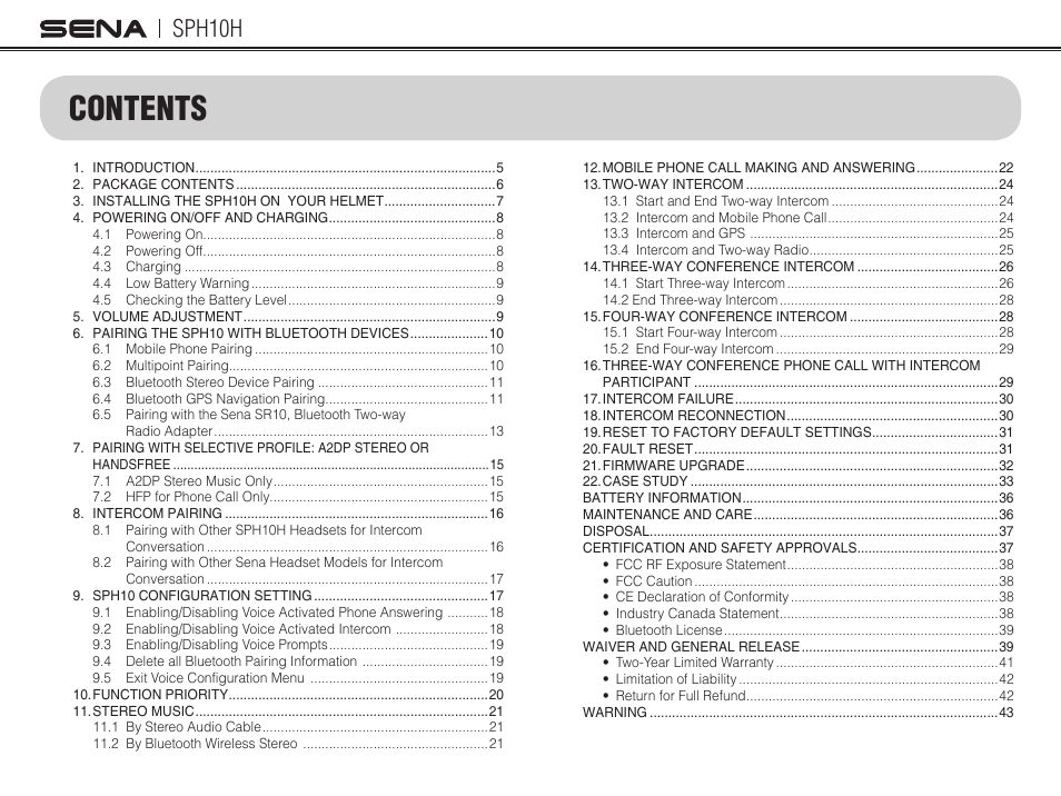 Sena Bluetooth SPH10H v4.2 User's Guide User Manual | Page 3 / 43