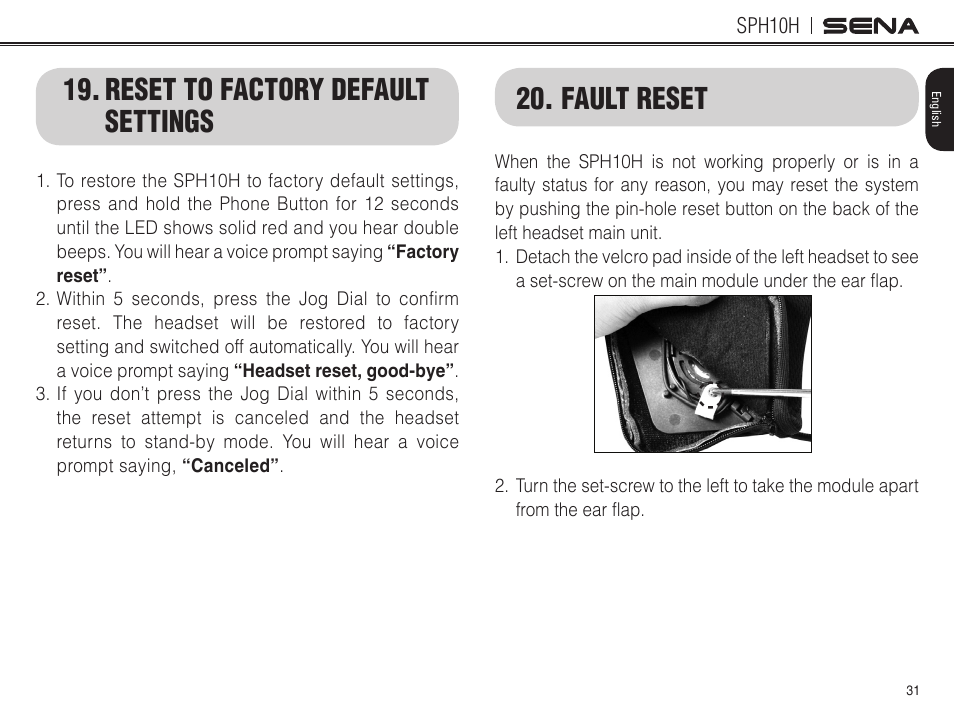 Reset to factory default settings, Fault reset | Sena Bluetooth SPH10H v4.2 User's Guide User Manual | Page 30 / 43