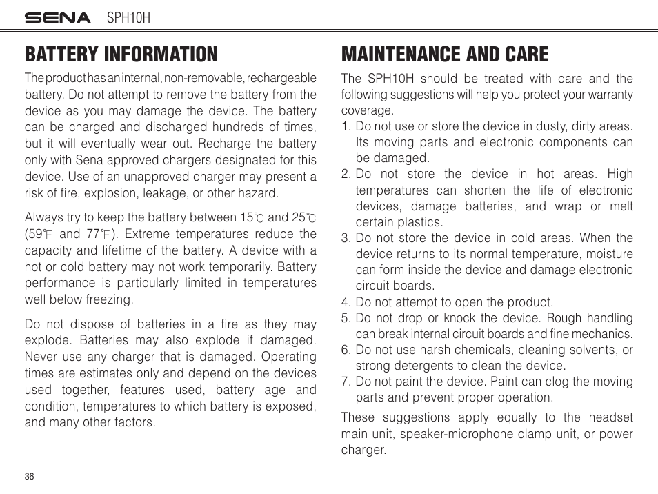 Battery information, Maintenance and care | Sena Bluetooth SPH10H v4.2 User's Guide User Manual | Page 35 / 43