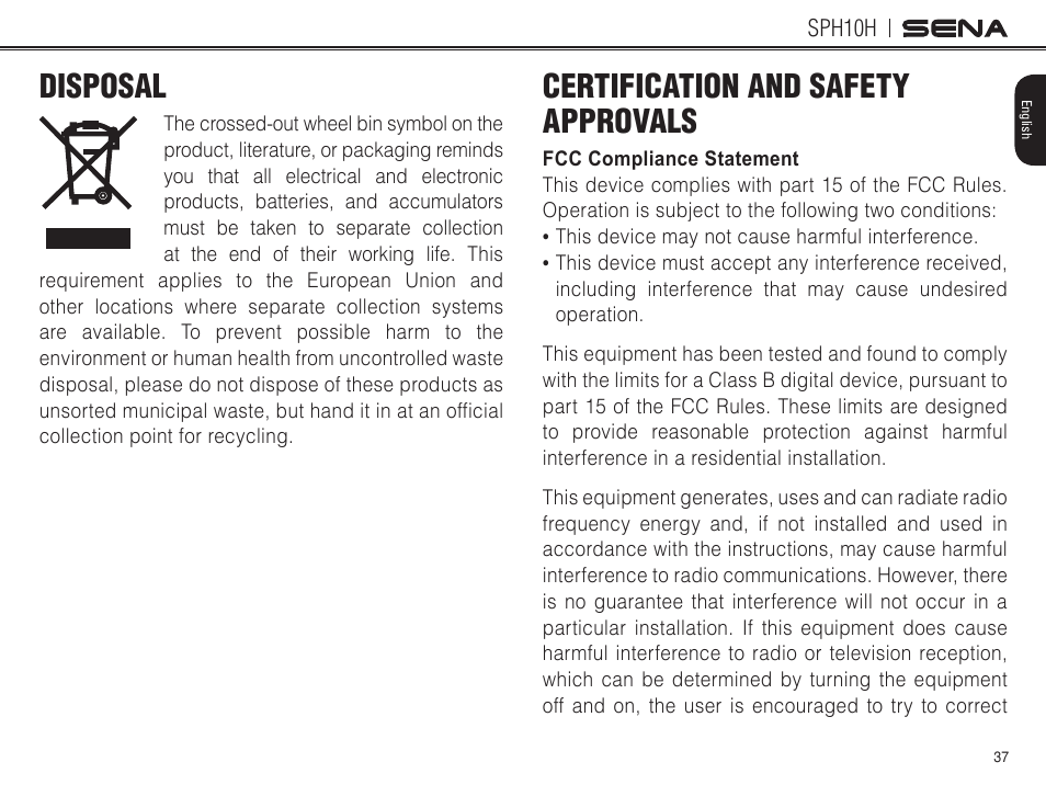 Disposal, Certification and safety approvals | Sena Bluetooth SPH10H v4.2 User's Guide User Manual | Page 36 / 43