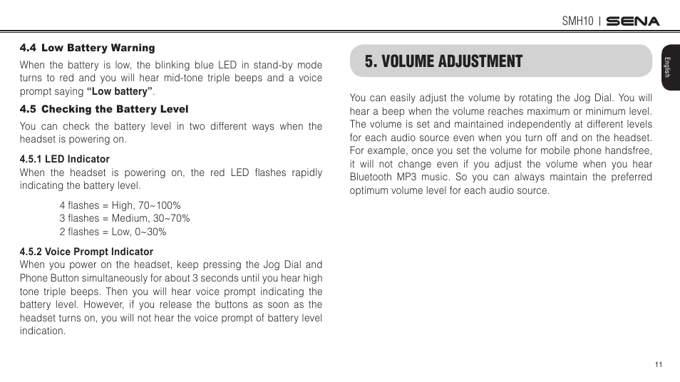 4 low battery warning, 5 checking the battery level, Volume adjustment | Sena Bluetooth SMH10 v5.0 User's Guide User Manual | Page 10 / 55
