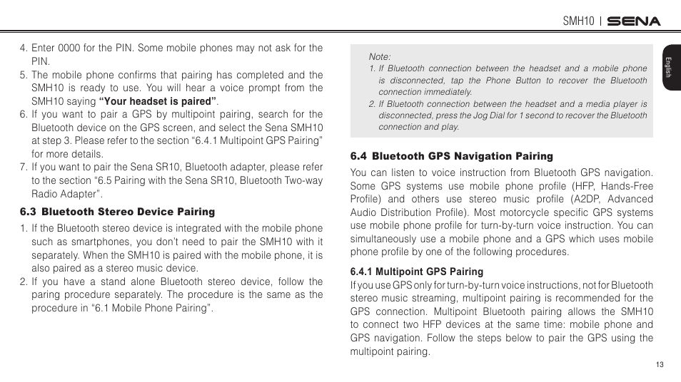 3 bluetooth stereo device pairing, 4 bluetooth gps navigation pairing | Sena Bluetooth SMH10 v5.0 User's Guide User Manual | Page 12 / 55