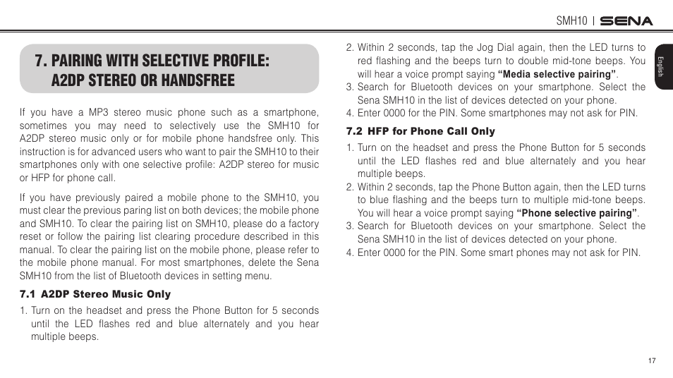 1 a2dp stereo music only, 2 hfp for phone call only | Sena Bluetooth SMH10 v5.0 User's Guide User Manual | Page 16 / 55