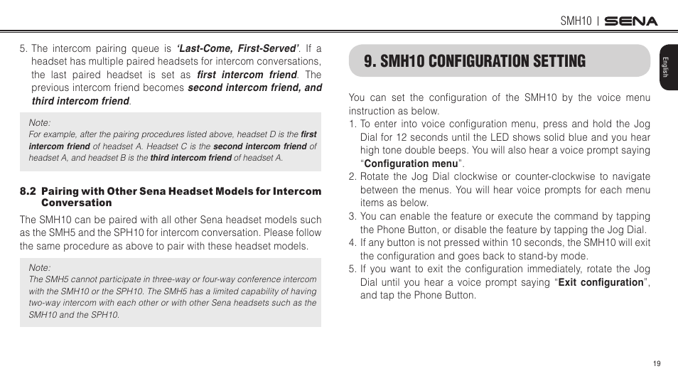 Smh10 configuration setting | Sena Bluetooth SMH10 v5.0 User's Guide User Manual | Page 18 / 55