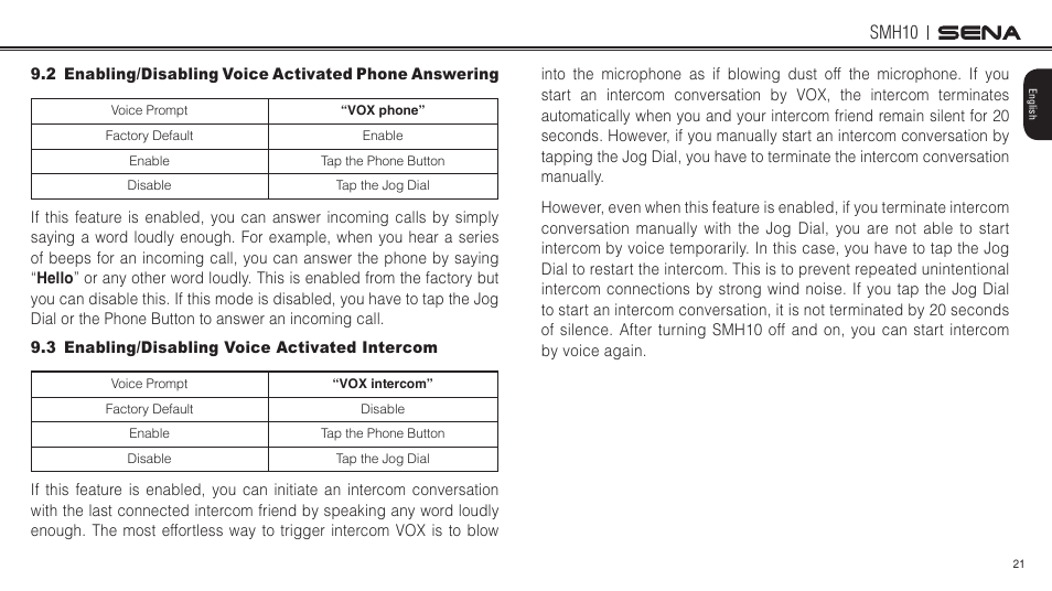 3 enabling/disabling voice activated intercom, Smh10 | Sena Bluetooth SMH10 v5.0 User's Guide User Manual | Page 20 / 55