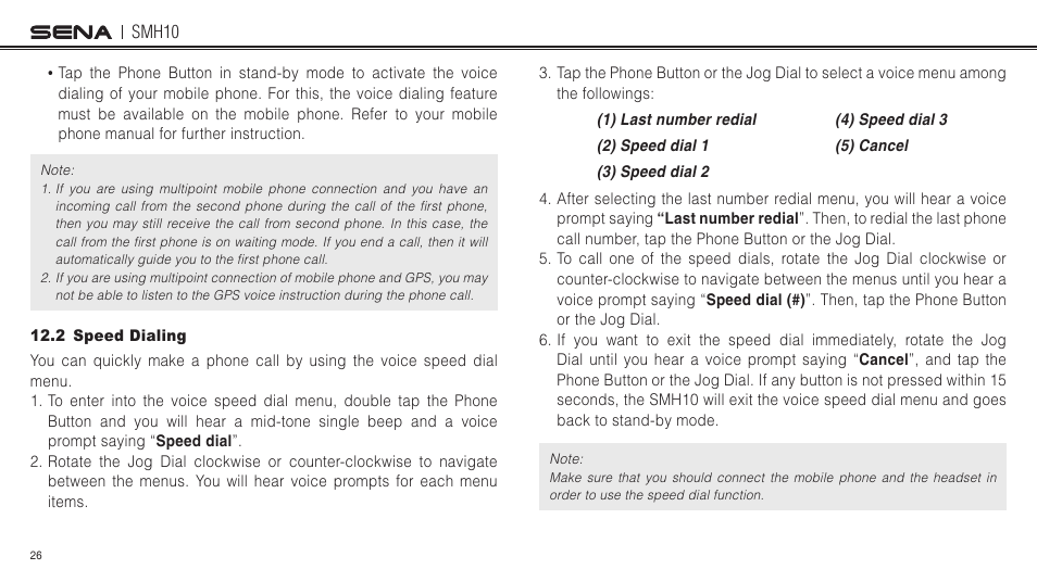 2 speed dialing | Sena Bluetooth SMH10 v5.0 User's Guide User Manual | Page 25 / 55