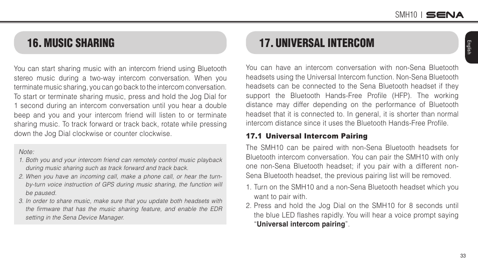 1 universal intercom pairing, Music sharing, Universal intercom | Music sharing 17. universal intercom | Sena Bluetooth SMH10 v5.0 User's Guide User Manual | Page 32 / 55
