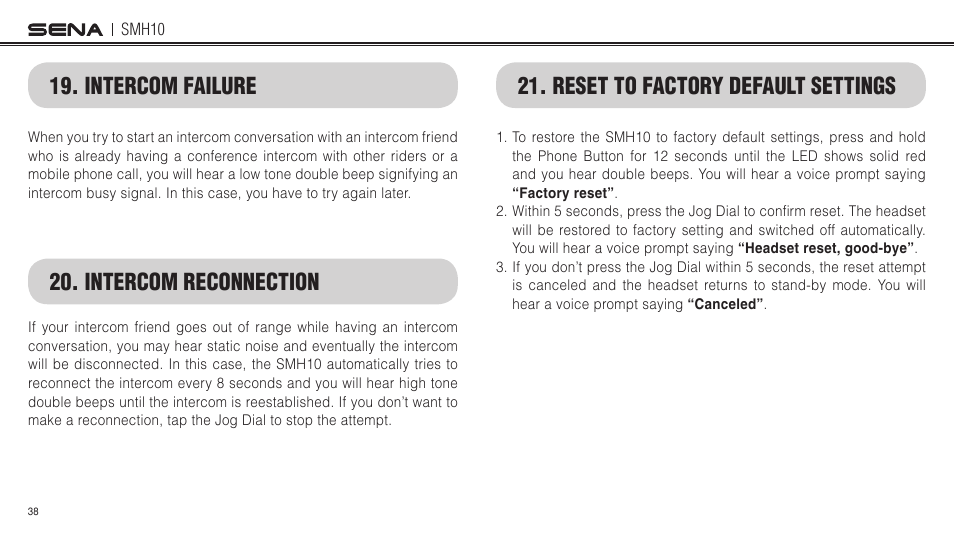 Intercom failure, Intercom reconnection, Reset to factory default settings | Intercom failure 20. intercom reconnection | Sena Bluetooth SMH10 v5.0 User's Guide User Manual | Page 37 / 55