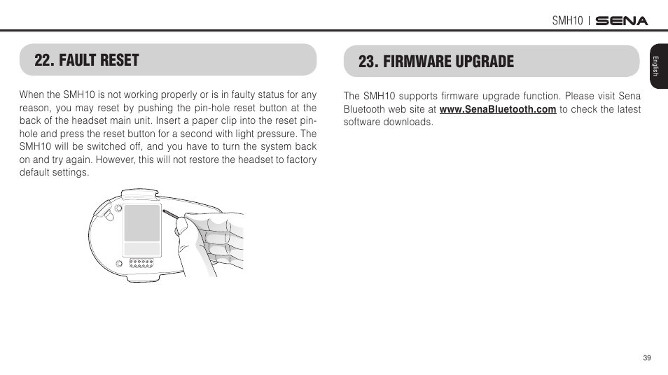Fault reset, Firmware upgrade | Sena Bluetooth SMH10 v5.0 User's Guide User Manual | Page 38 / 55