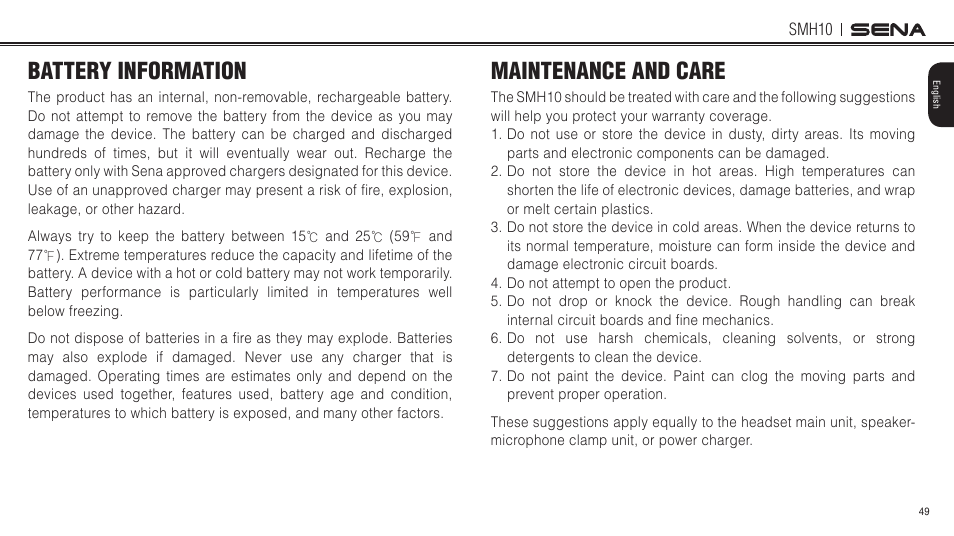 Battery information, Maintenance and care | Sena Bluetooth SMH10 v5.0 User's Guide User Manual | Page 48 / 55