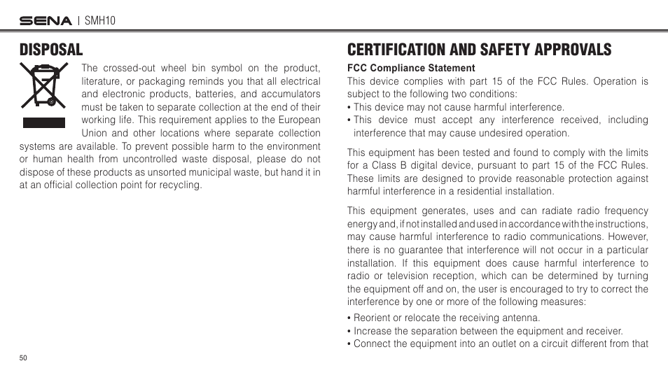 Disposal, Certification and safety approvals | Sena Bluetooth SMH10 v5.0 User's Guide User Manual | Page 49 / 55