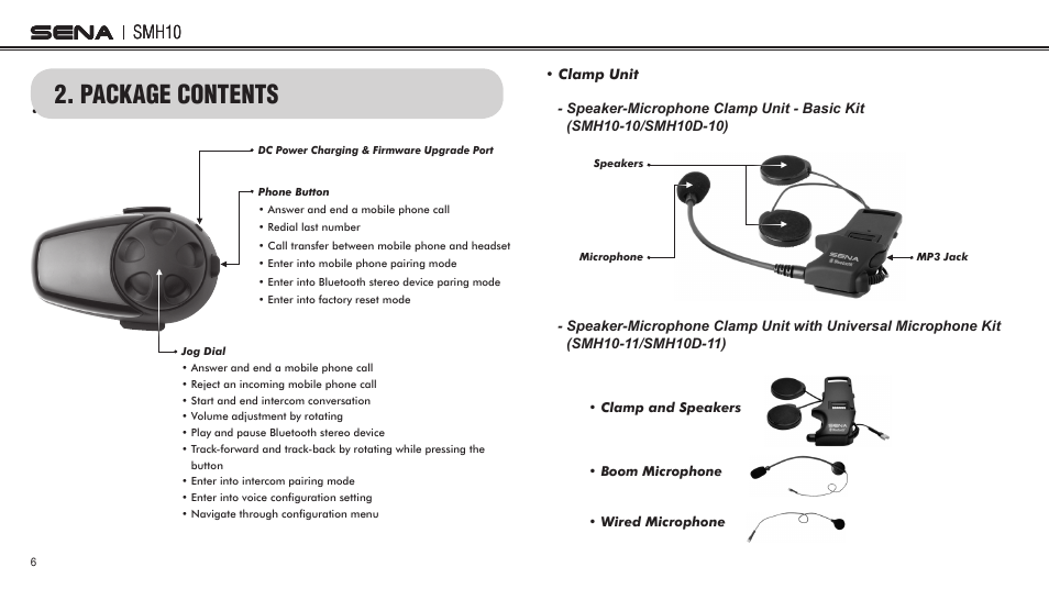 Package contents, Smh10 | Sena Bluetooth SMH10 v5.0 User's Guide User Manual | Page 5 / 55