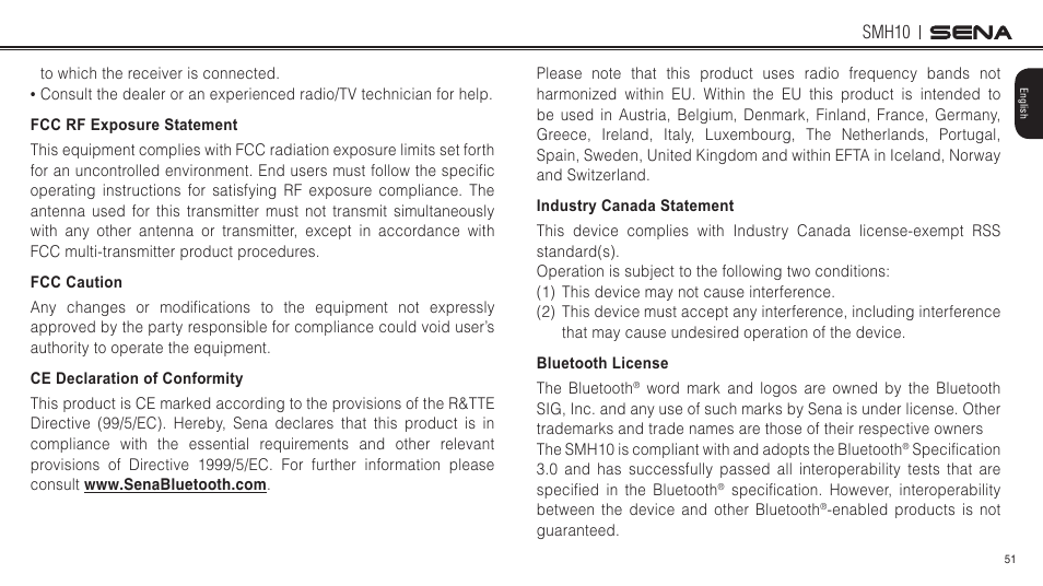 Fcc rf exposure statement, Fcc caution, Ce declaration of conformity | Industry canada statement, Bluetooth license, Smh10 | Sena Bluetooth SMH10 v5.0 User's Guide User Manual | Page 50 / 55