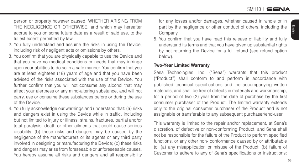 Two-year limited warranty | Sena Bluetooth SMH10 v5.0 User's Guide User Manual | Page 52 / 55