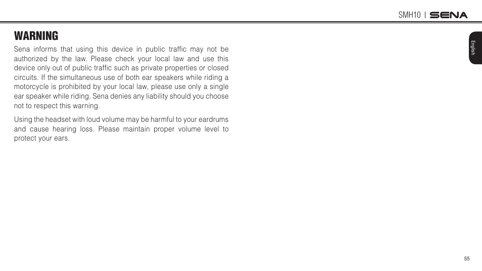 Warning | Sena Bluetooth SMH10 v5.0 User's Guide User Manual | Page 54 / 55