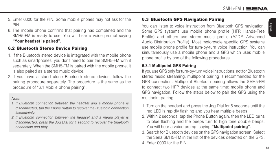 2 bluetooth stereo device pairing, 3 bluetooth gps navigation pairing | Sena Bluetooth SMH5-FM v1.3 User's Guide User Manual | Page 12 / 37