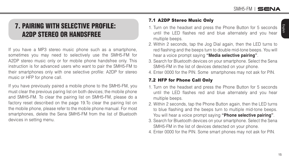 1 a2dp stereo music only, 2 hfp for phone call only | Sena Bluetooth SMH5-FM v1.3 User's Guide User Manual | Page 14 / 37