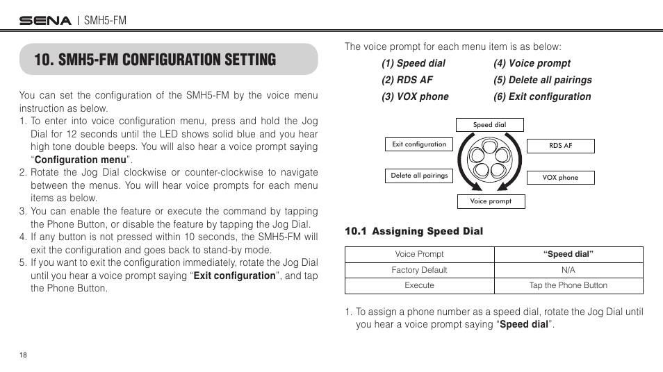 Smh5-fm configuration setting, 1 assigning speed dial | Sena Bluetooth SMH5-FM v1.3 User's Guide User Manual | Page 17 / 37