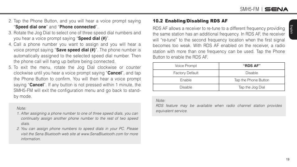 2 enabling/disabling rds af, Smh5-fm | Sena Bluetooth SMH5-FM v1.3 User's Guide User Manual | Page 18 / 37