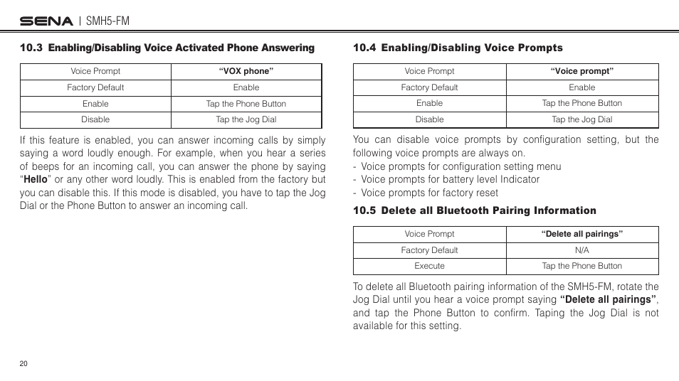 4 enabling/disabling voice prompts, 5 delete all bluetooth pairing information, Smh5-fm | Sena Bluetooth SMH5-FM v1.3 User's Guide User Manual | Page 19 / 37