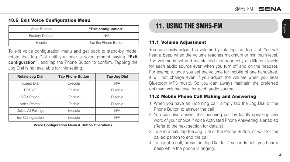 6 exit voice configuration menu, Using the smh5-fm, 1 volume adjustment | 2 mobile phone call making and answering, Smh5-fm | Sena Bluetooth SMH5-FM v1.3 User's Guide User Manual | Page 20 / 37