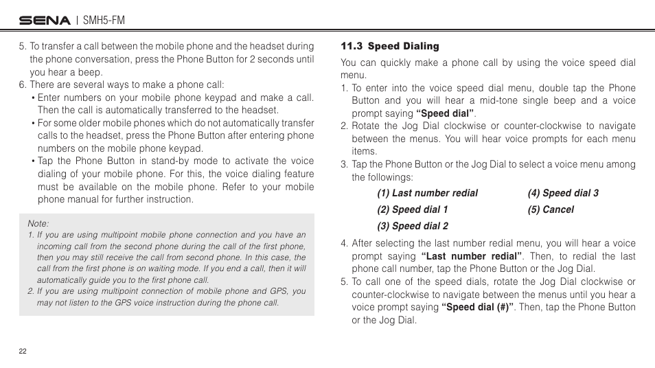 3 speed dialing | Sena Bluetooth SMH5-FM v1.3 User's Guide User Manual | Page 21 / 37