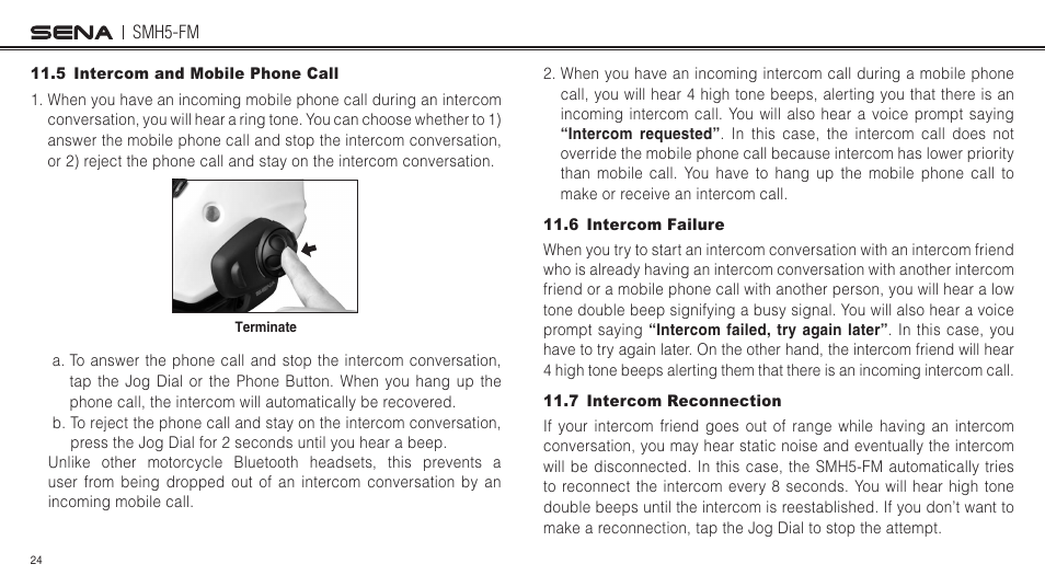 5 intercom and mobile phone call, 6 intercom failure, 7 intercom reconnection | Sena Bluetooth SMH5-FM v1.3 User's Guide User Manual | Page 23 / 37