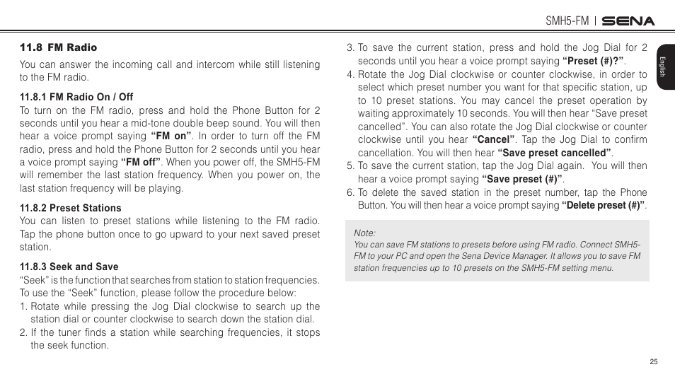 8 fm radio | Sena Bluetooth SMH5-FM v1.3 User's Guide User Manual | Page 24 / 37