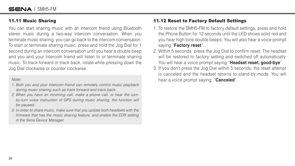 11 music sharing, 12 reset to factory default settings | Sena Bluetooth SMH5-FM v1.3 User's Guide User Manual | Page 27 / 37