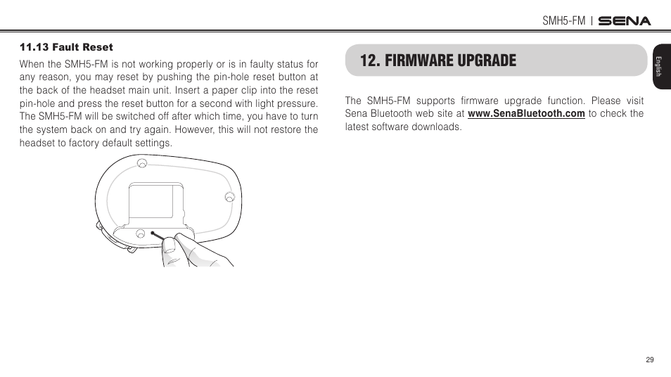 13 fault reset, Firmware upgrade | Sena Bluetooth SMH5-FM v1.3 User's Guide User Manual | Page 28 / 37