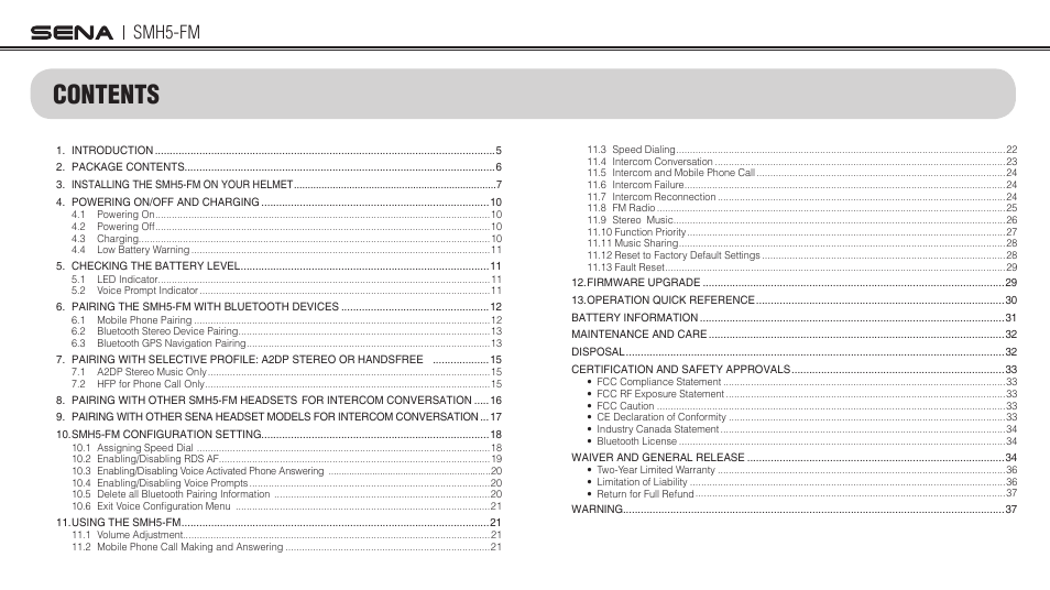 Sena Bluetooth SMH5-FM v1.3 User's Guide User Manual | Page 3 / 37