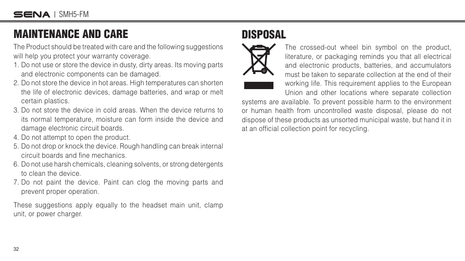 Maintenance and care, Disposal, Maintenance and care disposal | Sena Bluetooth SMH5-FM v1.3 User's Guide User Manual | Page 31 / 37