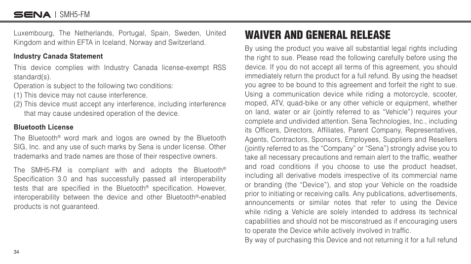 Industry canada statement, Bluetooth license, Waiver and general release | Sena Bluetooth SMH5-FM v1.3 User's Guide User Manual | Page 33 / 37
