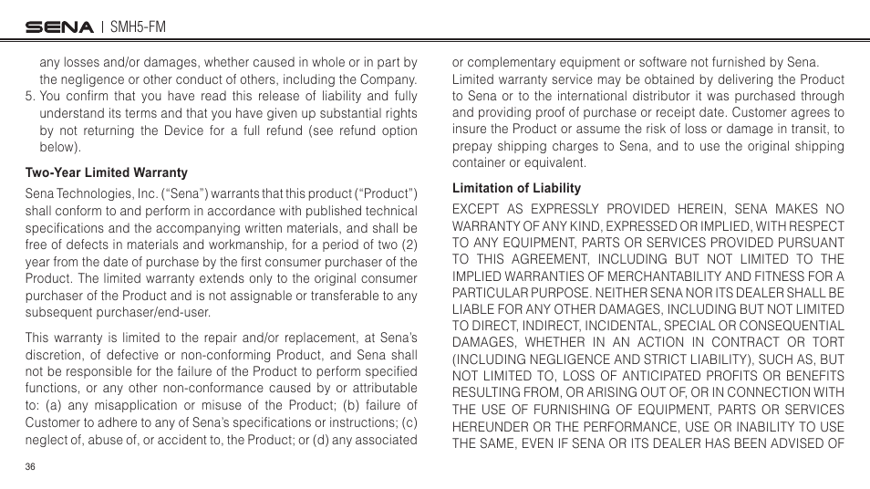 Two-year limited warranty, Limitation of liability | Sena Bluetooth SMH5-FM v1.3 User's Guide User Manual | Page 35 / 37