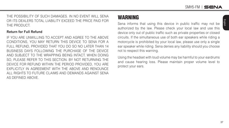 Return for full refund, Warning | Sena Bluetooth SMH5-FM v1.3 User's Guide User Manual | Page 36 / 37