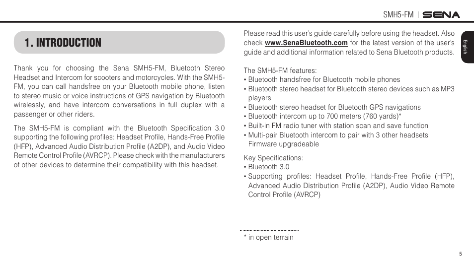 Introduction | Sena Bluetooth SMH5-FM v1.3 User's Guide User Manual | Page 4 / 37