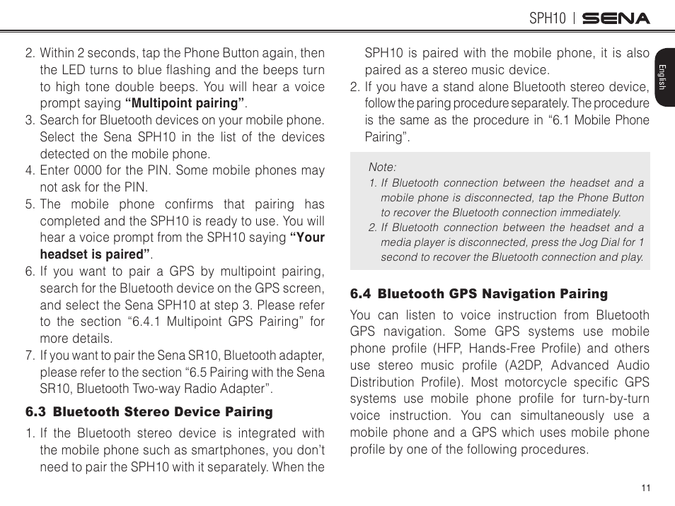 3 bluetooth stereo device pairing, 4 bluetooth gps navigation pairing, Sph10 | Sena Bluetooth SPH10 v4.2 User's Guide User Manual | Page 10 / 42